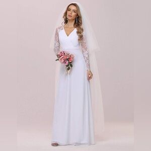 Minimalist V-Neck Chiffon Wedding Dress with Long Sleeves
